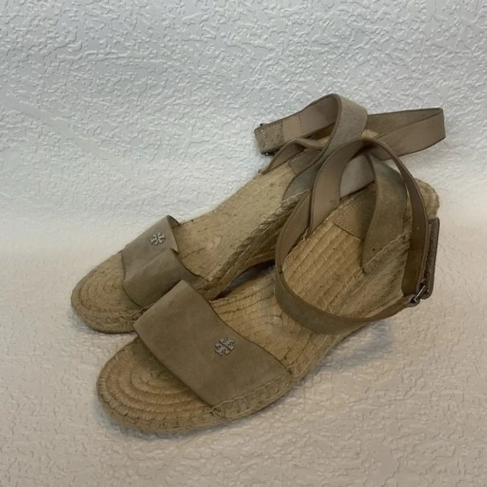 Tory Burch Bima Tan‎ Wedge Espadrille Ankle Strap Sandals Women 8 Spain Leather